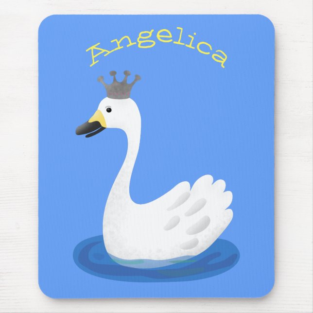 Cute white swan with crown cartoon mouse pad (Front)