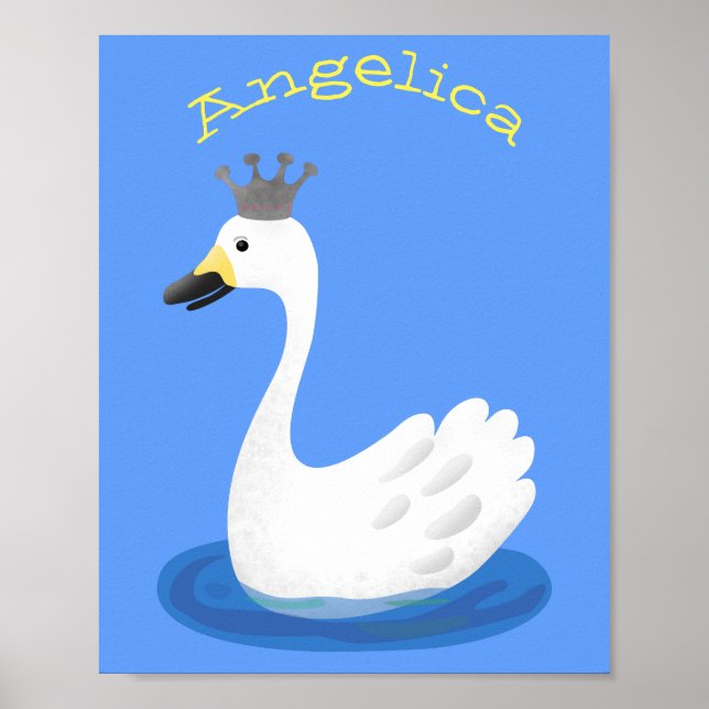 Cute white swan with crown cartoon poster (Front)