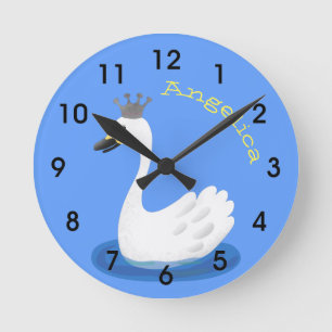 Cute white swan with crown cartoon round clock