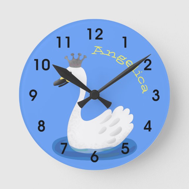 Cute white swan with crown cartoon round clock (Front)