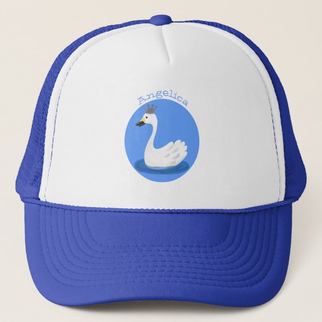 Cute white swan with crown cartoon trucker hat (Front)