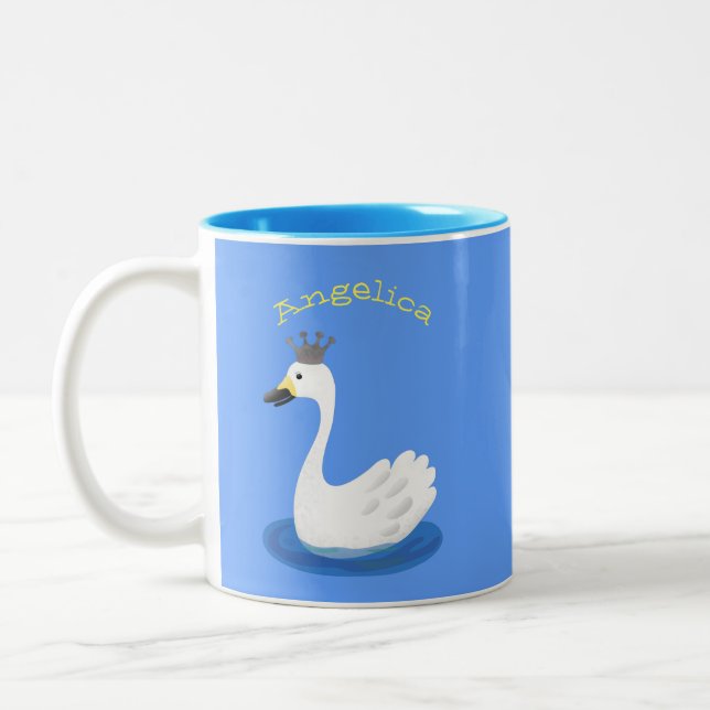 Cute white swan with crown cartoon Two-Tone coffee mug (Left)
