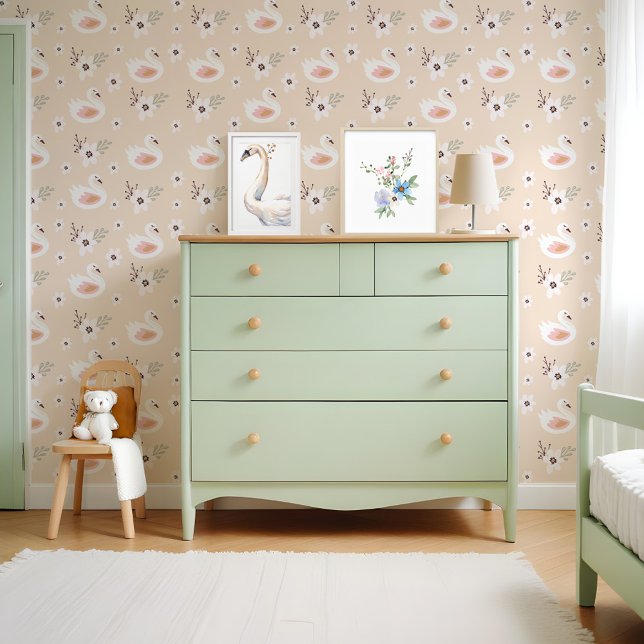 Cute White Swans Floral Blossom Nursary Pattern Wallpaper (Cute White Swans Floral Blossom Nursary Pattern Wallpaper)
