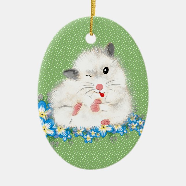 Cute white Syrian hamster accessories, green polka Ceramic Tree Decoration (Front)