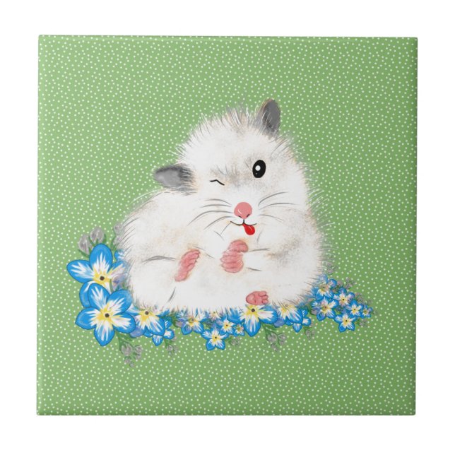 Cute white Syrian hamster accessories, green polka Tile (Front)