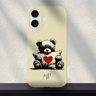 Cute White Teddy Bear Hug Pillow Heart Monogram iPhone 16 Case