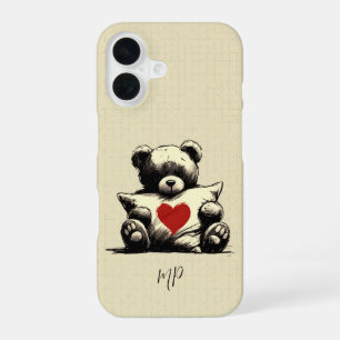 Cute White Teddy Bear Hug Pillow Heart Monogram iPhone 16 Case