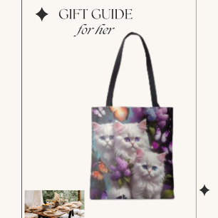Cute White Three Cuddly Cat Photo with Butterfly Tote Bag