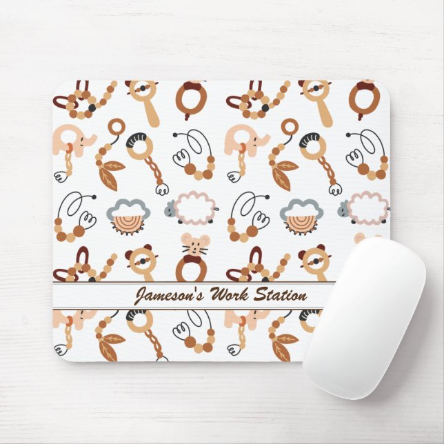 Cute White Toy Boho Pattern Illustration Name Mouse Pad (With Mouse)
