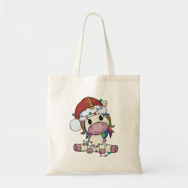 Cute White Unicorn Christmas Light Tote Bag (Front)