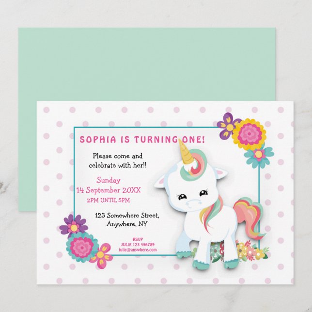 Cute White Unicorn Dots Girls First Birthday Invitation (Front/Back)