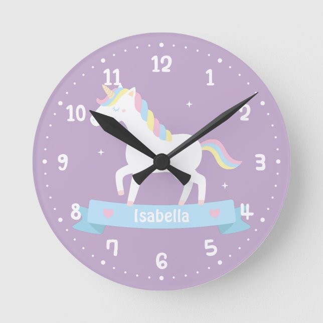 Cute White Unicorn Girls Bedroom Wall Clock (Front)