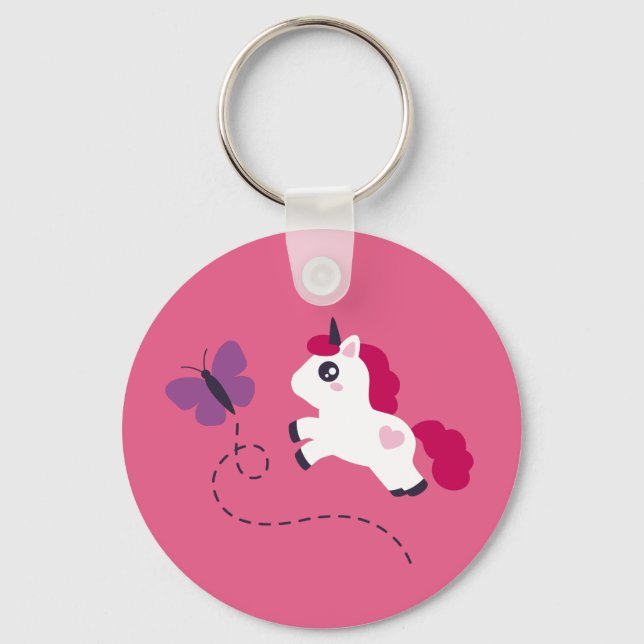 Cute White Unicorn with a Butterfly Key Ring (Front)