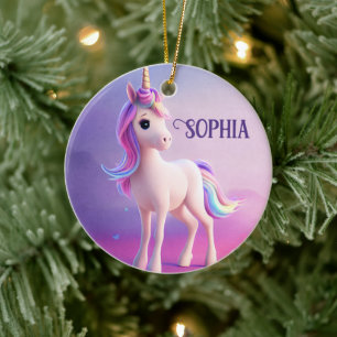 Cute White Unicorn With Pink & Blue Mane Ceramic Tree Decoration
