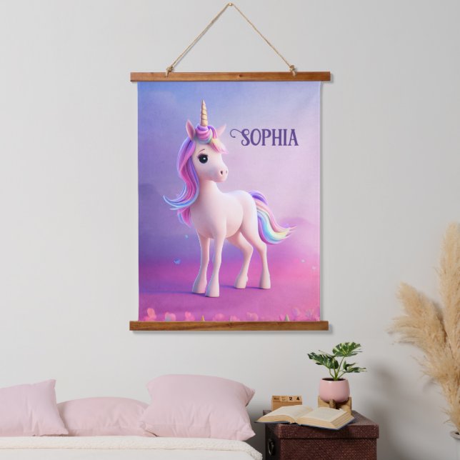 Cute White Unicorn With Pink & Blue Mane Hanging Tapestry (Bedroom)