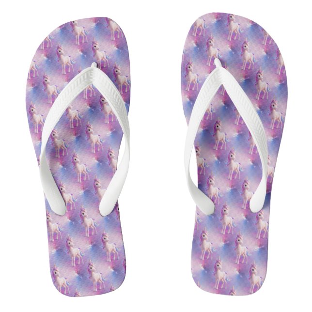 Cute White Unicorn With Pink & Blue Mane Jandals (Footbed)