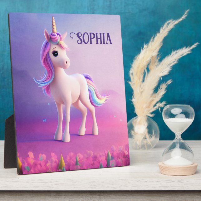 Cute White Unicorn With Pink & Blue Mane Plaque (Side)