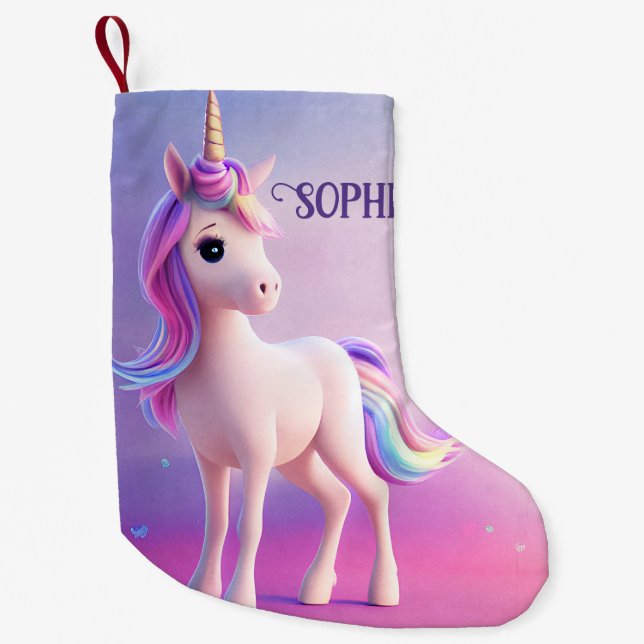 Cute White Unicorn With Pink & Blue Mane Small Christmas Stocking (Front)