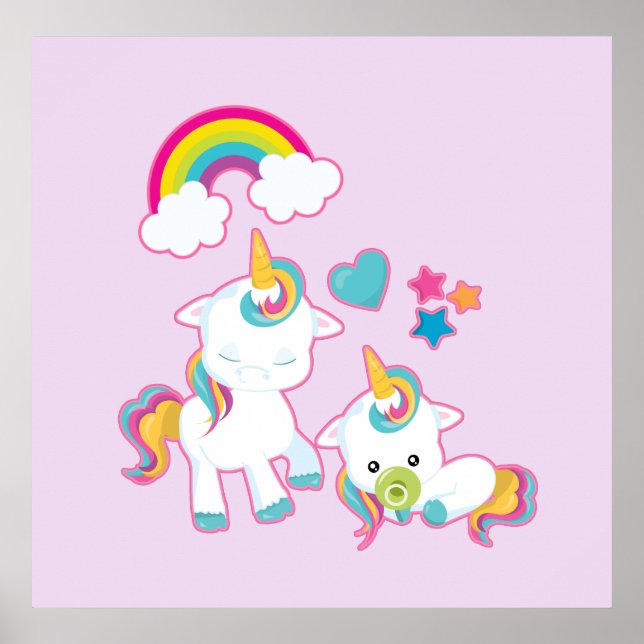 Cute White Unicorns Magical Mama & Baby Poster (Front)