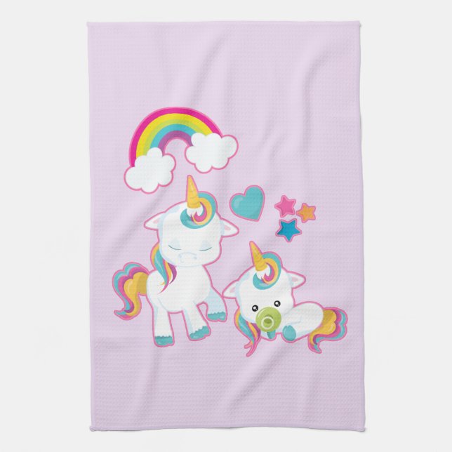 Cute White Unicorns Magical Mama & Baby Tea Towel (Vertical)