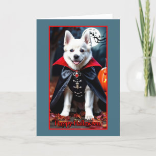 Cute White Vampire Puppy on Halloween Holiday Card
