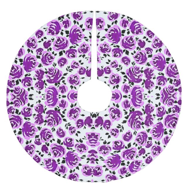 Cute white violet roses patterns brushed polyester tree skirt (Front)