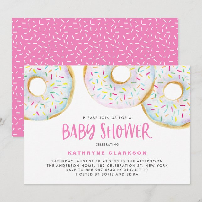 Cute White Watercolor Doughnuts Girl Baby Shower Invitation (Front/Back)