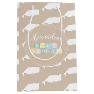 Cute White Whale Baby Shower Neutral Beige Medium Gift Bag