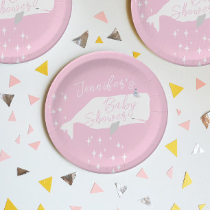 Cute White Whale Girl Baby Shower Pink Paper Plate