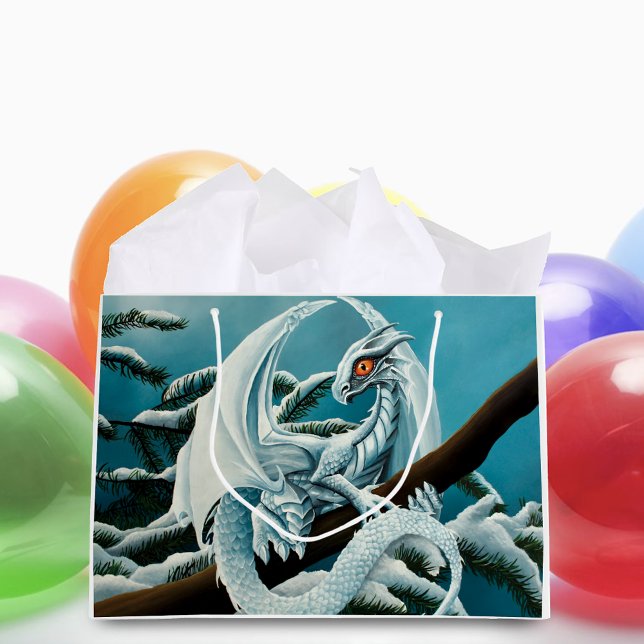 Cute White Winter Dragon Snowy Pine Tree Fantasy Large Gift Bag (Creator Uploaded)