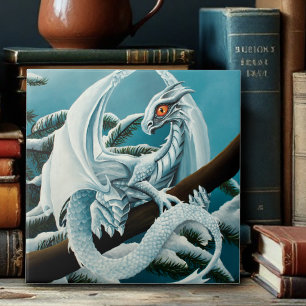 Cute White Winter Dragon Snowy Pine Tree Fantasy Tile