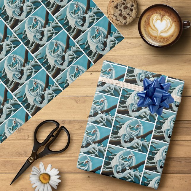 Cute White Winter Dragon Snowy Pine Tree Fantasy Wrapping Paper (Creator Uploaded)