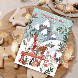 Cute white winter mountains woodland animals holiday card
