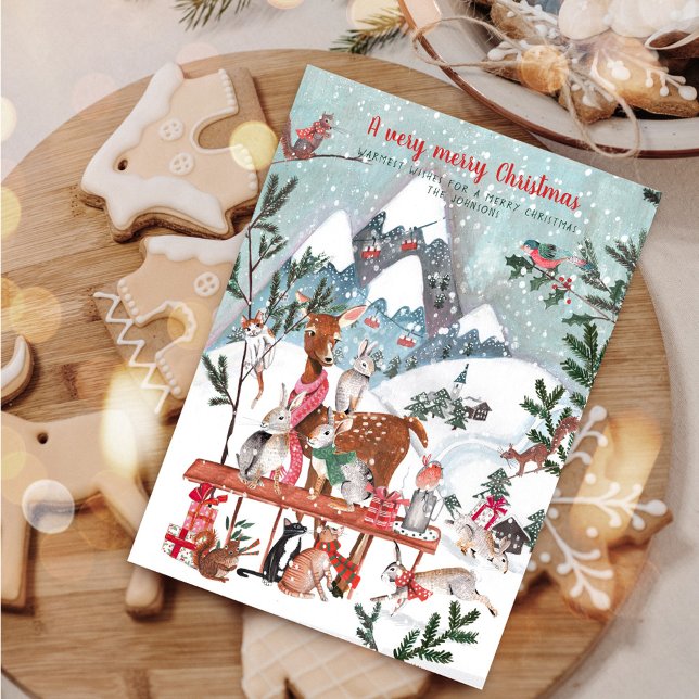 Cute white winter mountains woodland animals holiday card (Cute white winter mountains woodland animals holiday card)