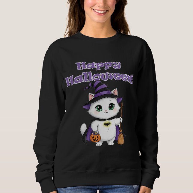 Cute White Witch Cat Happy Halloween Sweatshirt (Front)