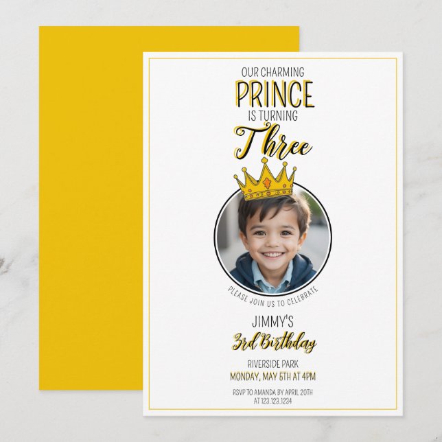 Cute White & Yellow Crown Photo Kid's Birthday Invitation (Front/Back)
