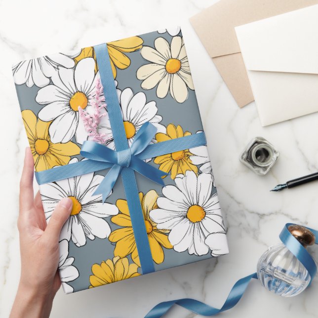Cute White Yellow Daisies Floral Art Pattern Wrapping Paper (Gifting)