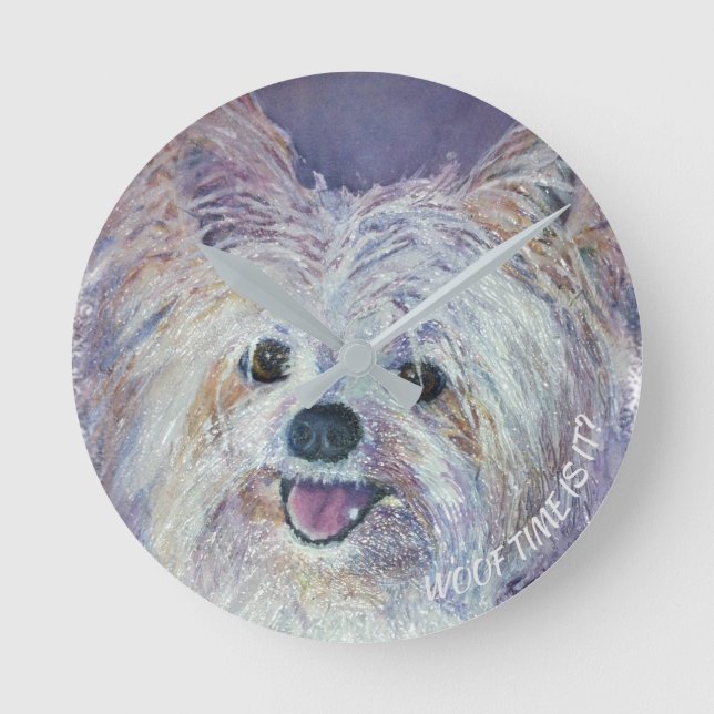 CUTE WHITE YORKIE MIX ROUND CLOCK (Front)