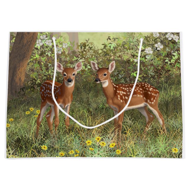 Cute Whitetail Deer Twin Fawns Large Gift Bag (Front)