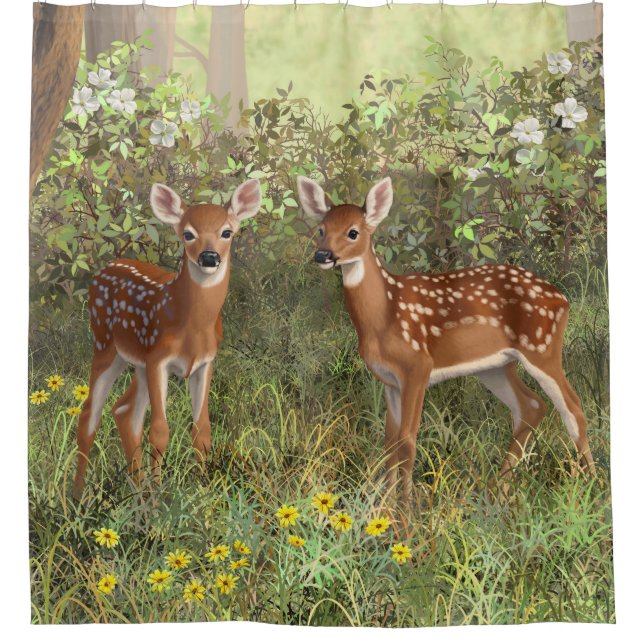 Cute Whitetail Deer Twin Fawns Shower Curtain (Front)