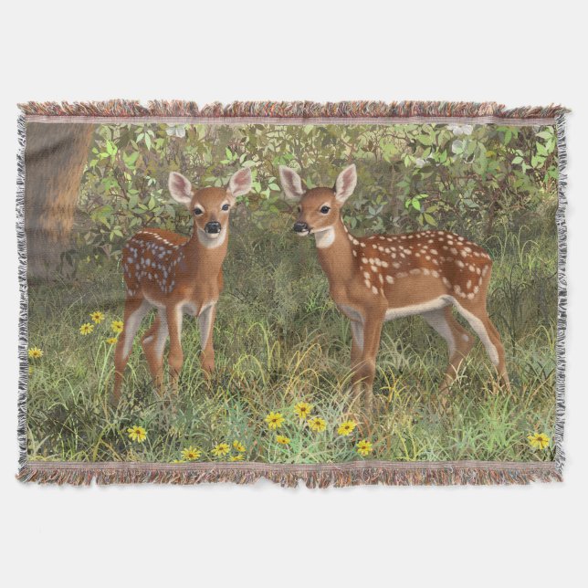 Cute Whitetail Deer Twin Fawns Throw Blanket (Front)