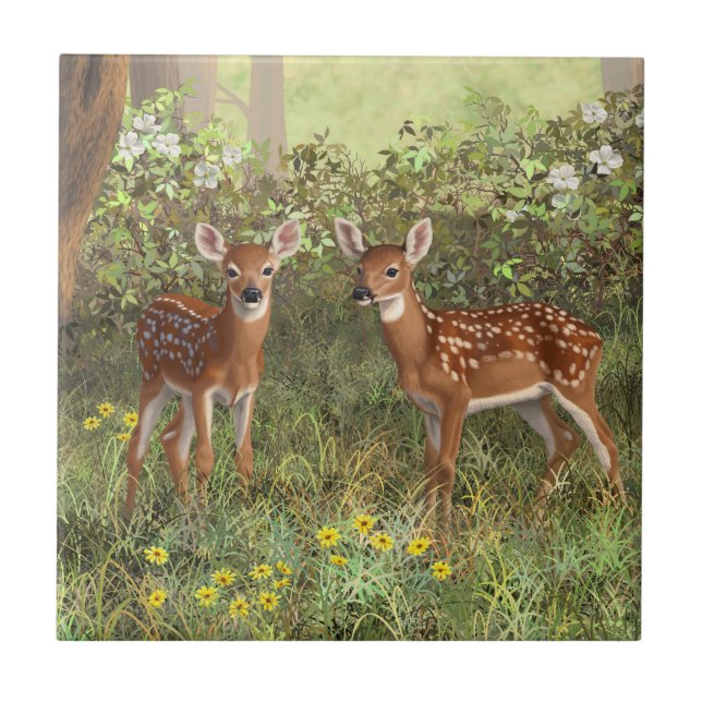 Cute Whitetail Deer Twin Fawns Tile (Front)