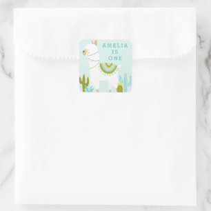 Cute Whole Llama Fun Aqua 1st Birthday Favour Square Sticker