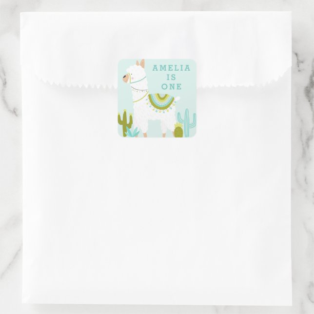 Cute Whole Llama Fun Aqua 1st Birthday Favour Square Sticker (Bag)