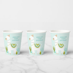 Cute Whole Llama Fun Aqua 1st Birthday Party Paper Cups