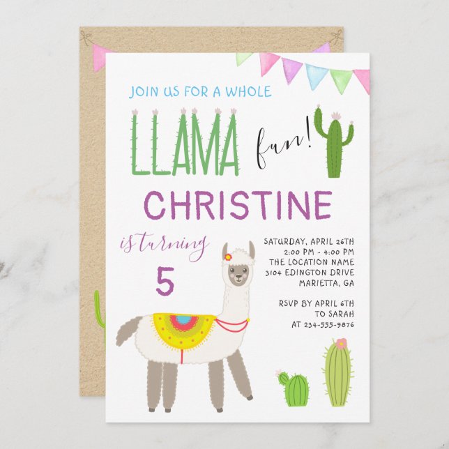 Cute Whole Llama Fun Kids Birthday Invitation (Front/Back)