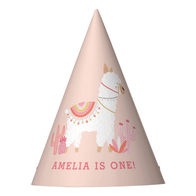 Cute Whole Llama Fun Pink 1st Birthday Party Hat (Front)
