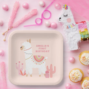 Cute Whole Llama Fun Pink 1st Birthday Party Paper Plate