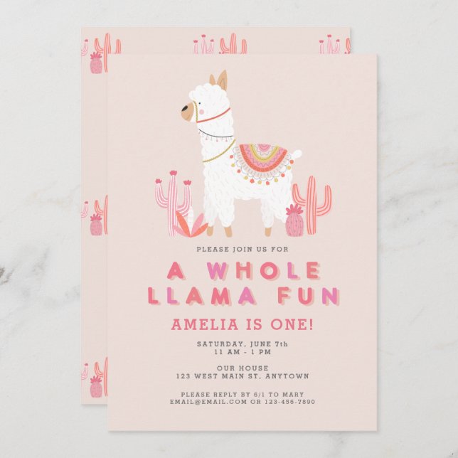 Cute Whole Llama Fun Pink First Birthday Party Invitation (Front/Back)