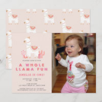 Cute Whole Llama Fun Pink First Birthday Photo